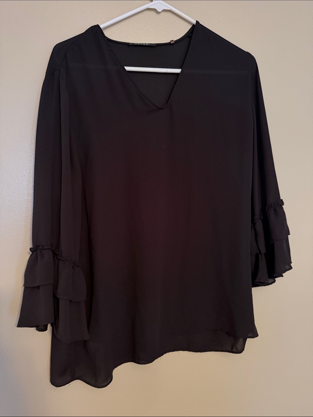 Tahari Black V-Neck Tiered Ruffle Sleeve Blouse